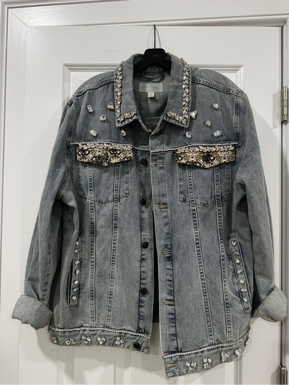 Sun + Stone Gray Embellished Denim Jean Jacket